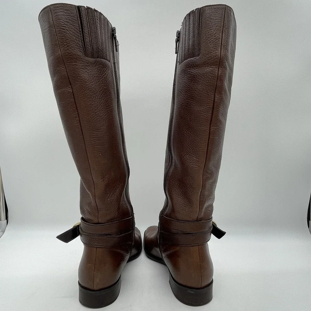 Talbots Womens 7AA Riding Boots Tall Brown Pebbled Leather Gold Buckle‎ Full Zip - Picture 4 of 16
